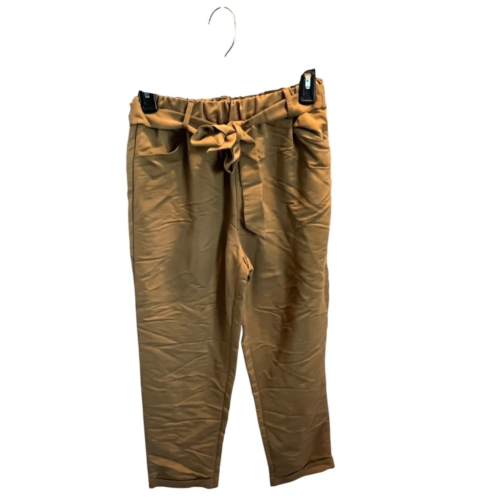Forever 21 Womens Small Camel Paperbag Waist Tapered Trousers Khaki Tie Belt